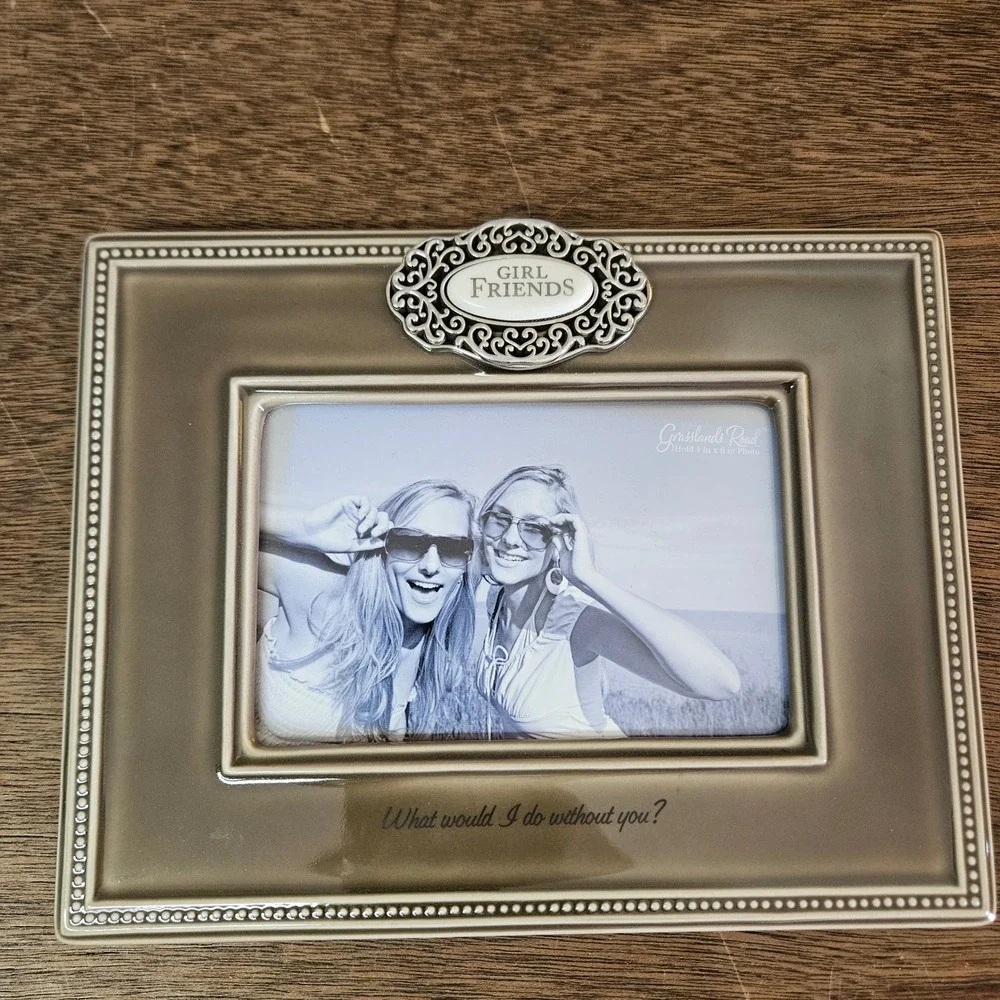 Grasslands Road Girl Friends Ceramic Picture Frame 4x6 Taupe Silver Beads 446623